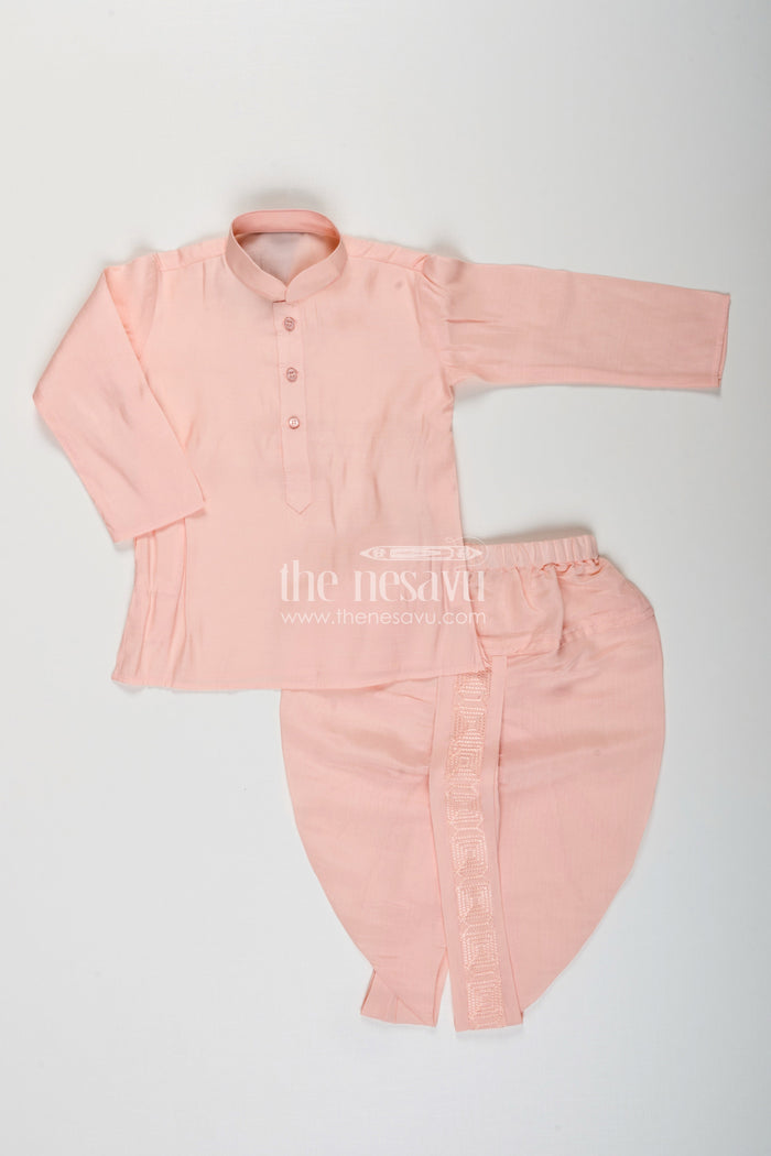 The Nesavu Boys Dothi Set Baby boy peach dhoti set with embroidered silk jacket for naming and festive wear Nesavu Nesavu peach baby boy dhoti set embroidered silk jacket perfect naming ceremonies festive events