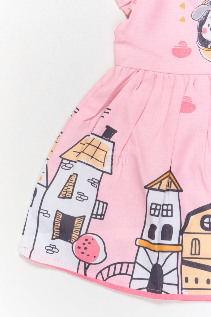 The Nesavu Baby Cotton Frocks Baby Girl Cartoon Print Cotton Frock with Frills for Everyday Charm Nesavu Nesavu baby girl frock with puppy helicopter and cartoon house digital print