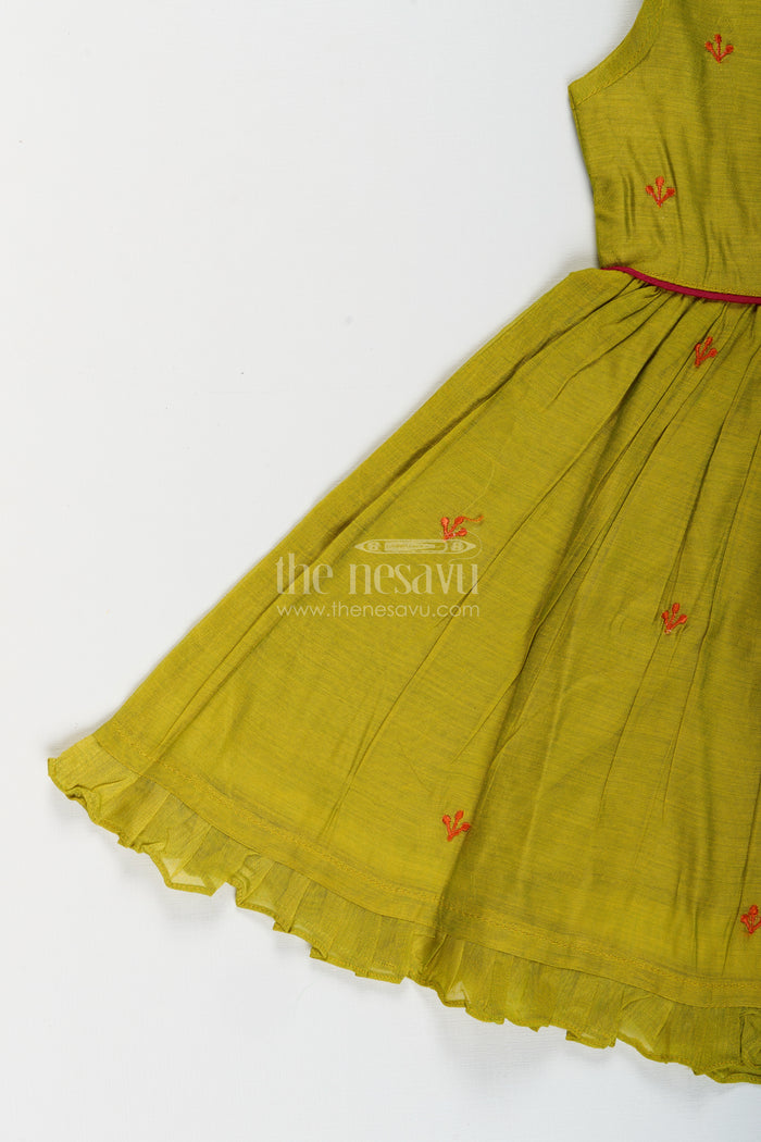 The Nesavu Girls Chanderi Frock Baby girl chanderi frock for traditional events and photoshoots Nesavu Nesavu baby girl sleeveless chanderi frock with peacock embroidery for traditional occasions
