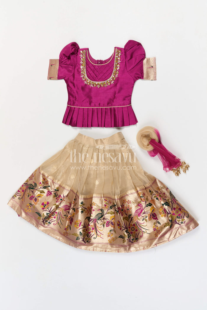 The Nesavu Pattu Pavadai Baby Girl Pattu Pavadai Set for Festivals and Traditional Celebrations Nesavu Nesavu baby girl pattu pavadai set for festivals and weddings with tissue skirt design