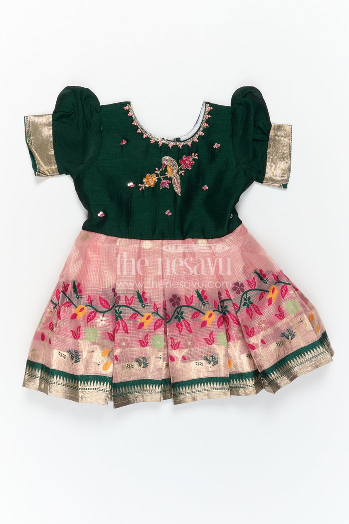 The Nesavu Silk Frock Baby Girl Silk Frock for Festive Occasions and Birthdays Nesavu Nesavu Baby Girl Silk Frock For Festive Occasions Green Blend Silk With Tissue Skirt Traditional Wear
