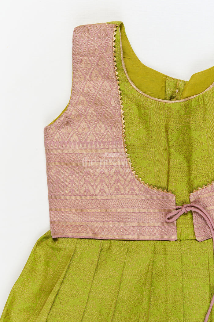 The Nesavu Girls Kanchi Silk Frock Baby Girl Silk Frock for Traditional Family Occasions and Festive Events Nesavu Nesavu baby girl Kanchivaram silk frock for traditional occasions with zari border and overlay