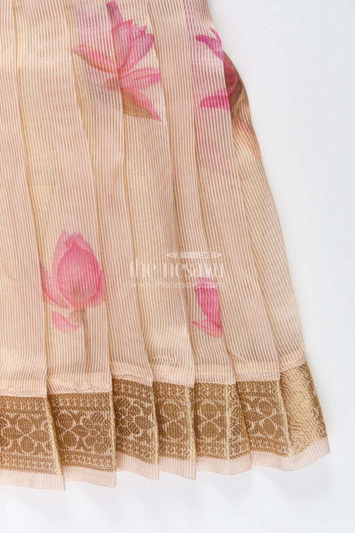 The Nesavu Silk Frock Baby Girl's Silk Frock in Cream Kora Tissue Classic Ethnic Styling Nesavu Baby girl ethnic silk frock kora tissue cream floral digital print