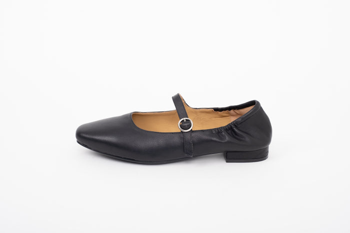 side shot of womens large size black leather one strap Mary Jane flat shoe in large sizes 42-46