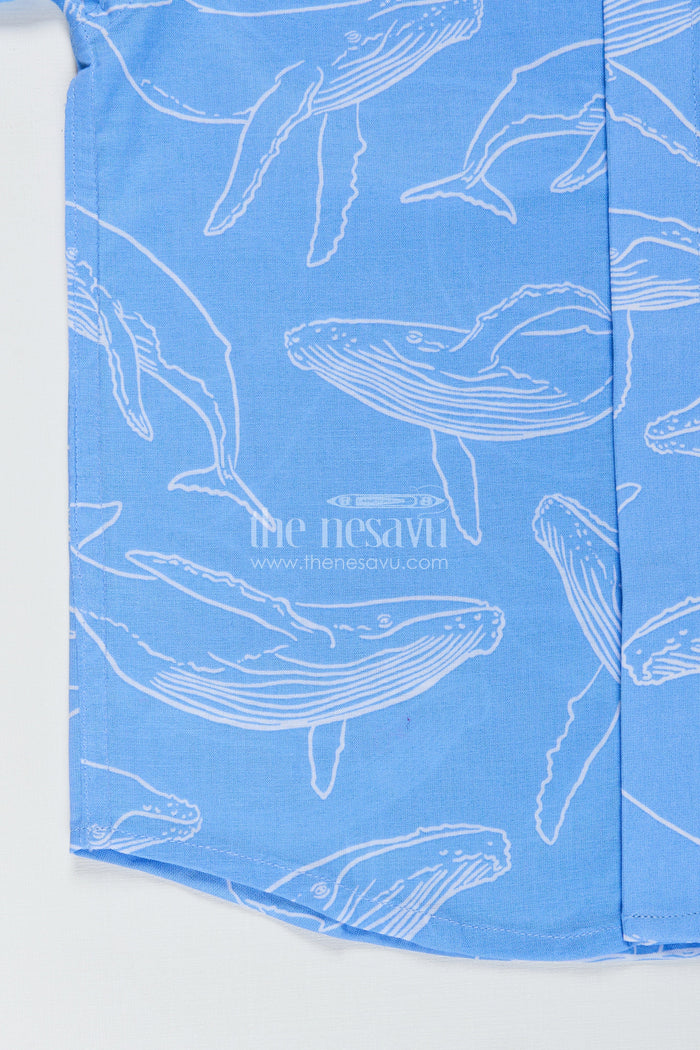 The Nesavu Boys Cotton Shirt Boys Blue Casual Printed Shirt with Whale Motifs in Soft Cotton Digital Print and Relaxed Fit Nesavu Nesavu Boys Blue Casual Printed Shirt Cotton Ocean Whale Digital Print Lightweight Design