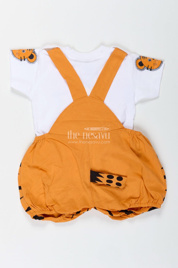The Nesavu Boys Casual Set Boys Cotton Orange Shirt and Short Sets with Animal Face Dungaree and Printed T Shirt for Toddler Style Nesavu Nesavu Boys Orange Cotton Shirt Short Sets Animal Printed Dungaree White T Shirt