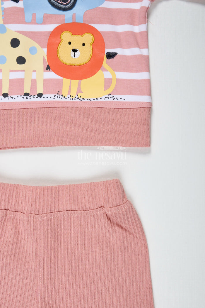 The Nesavu Boys Casual Set Boys Cotton Peach Casual Dress with Striped Tee and Animal Digital Print for Playful Comfort Nesavu Nesavu Boys Cotton Peach Casual Dress Set Animal Digital Print Striped Tee Everyday Fun