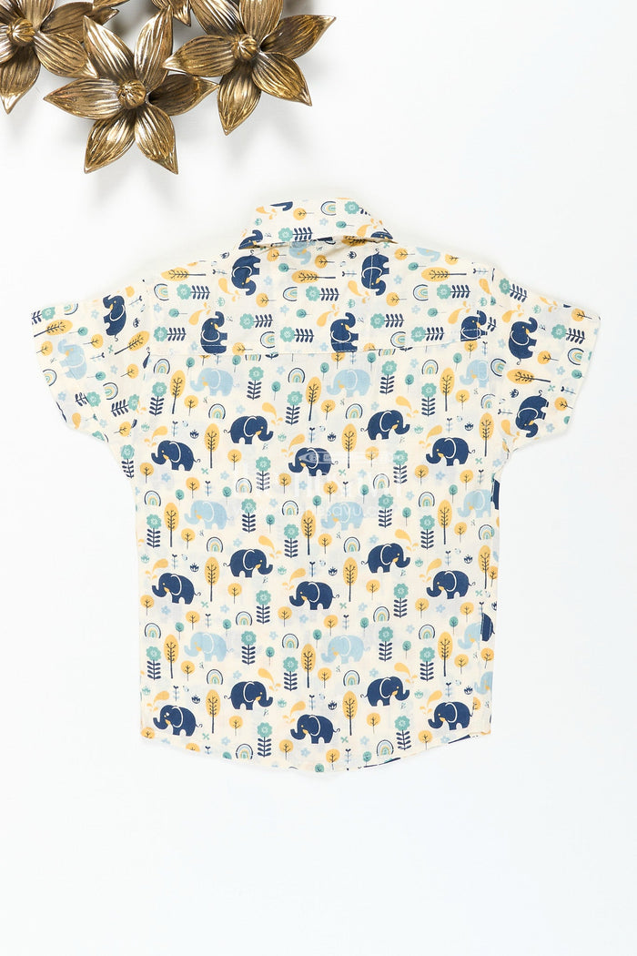 The Nesavu Boys Cotton Shirt Boys cotton shirt with jungle elephant print for playful festive wear Nesavu Nesavu boys cotton shirt forest elephant print playful comfy festive casual wear