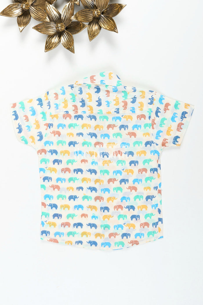 The Nesavu Boys Cotton Shirt Boys elephant print shirt in pastel cotton for festive and everyday wear Nesavu Nesavu boys pastel elephant print cotton shirt festive lightweight summer events