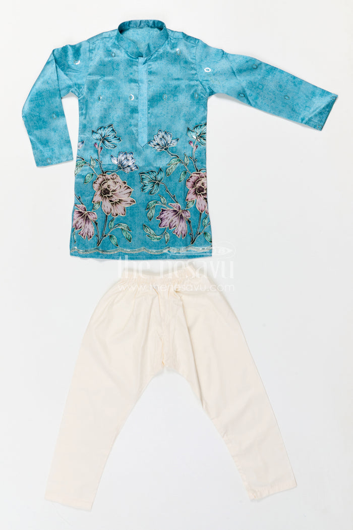 The Nesavu Boys Kurtha Set Boys Kurta Set for Weddings and Festive Celebrations Nesavu Nesavu Boys Green Kurta Set In Viscose Silk With Embroidery For Weddings And Festive Celebrations