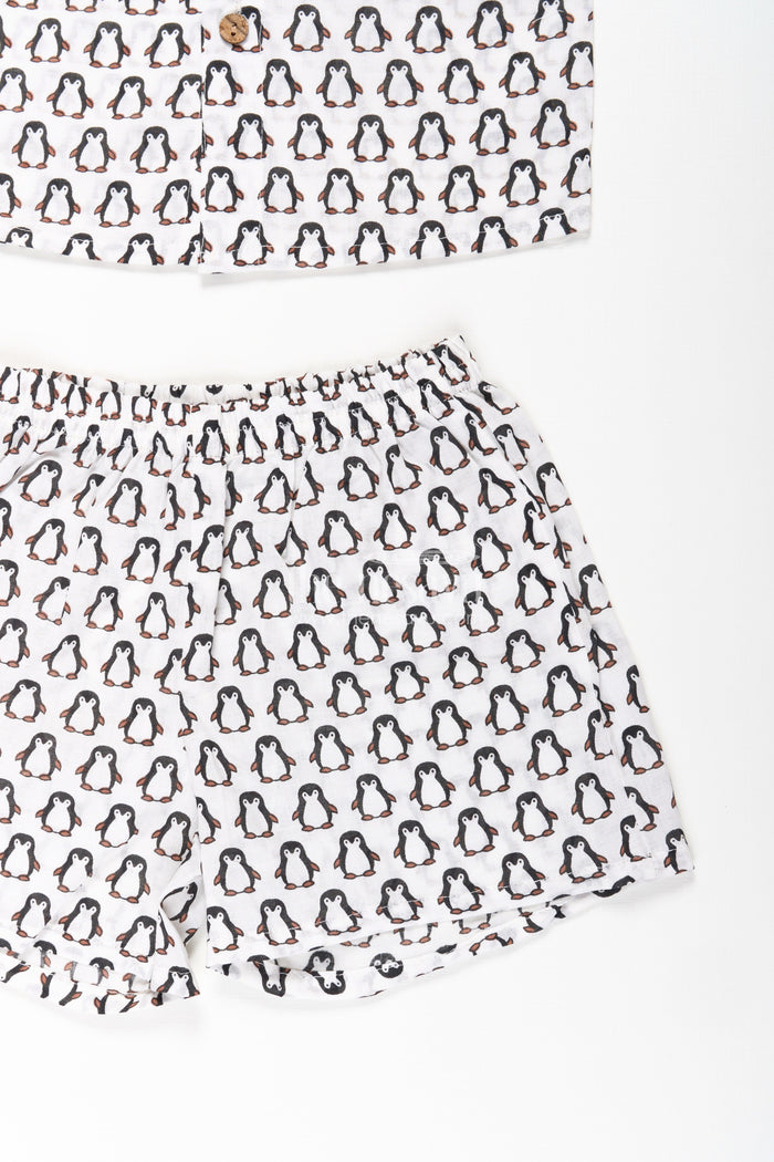 The Nesavu Boys Casual Set Boys Smart and Casual Wear Set with Penguin Print Shirt and Matching Shorts in Cool Cotton Fabric Nesavu Nesavu Boys Smart Casual Wear Cotton Set All-Over Penguin Print Shirt Shorts
