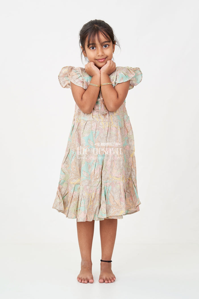 The Nesavu Girls Cotton Frock Casual Wear Frocks for Girls in Cotton with Kantha Stitch Styled Print and Tiered Design Nesavu 18 (2Y) / Beige GFC1699A-18 Casual Wear Frocks Girls Cotton Kantha Stitch Digital Print Bow Detail | The Nesavu