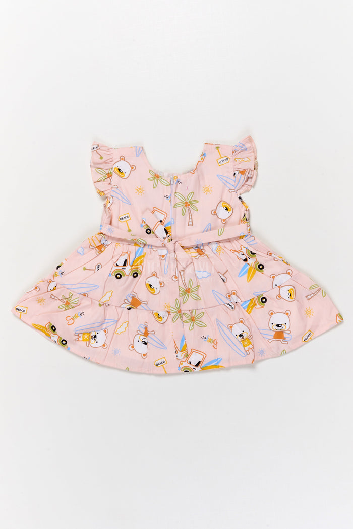 The Nesavu Baby Cotton Frocks Cotton Frock for Baby Girls with Surfer Bear Print and Bow for Summer Playdates Nesavu Nesavu cotton frock for baby girls with surfer bear digital print and frill sleeves for summer play