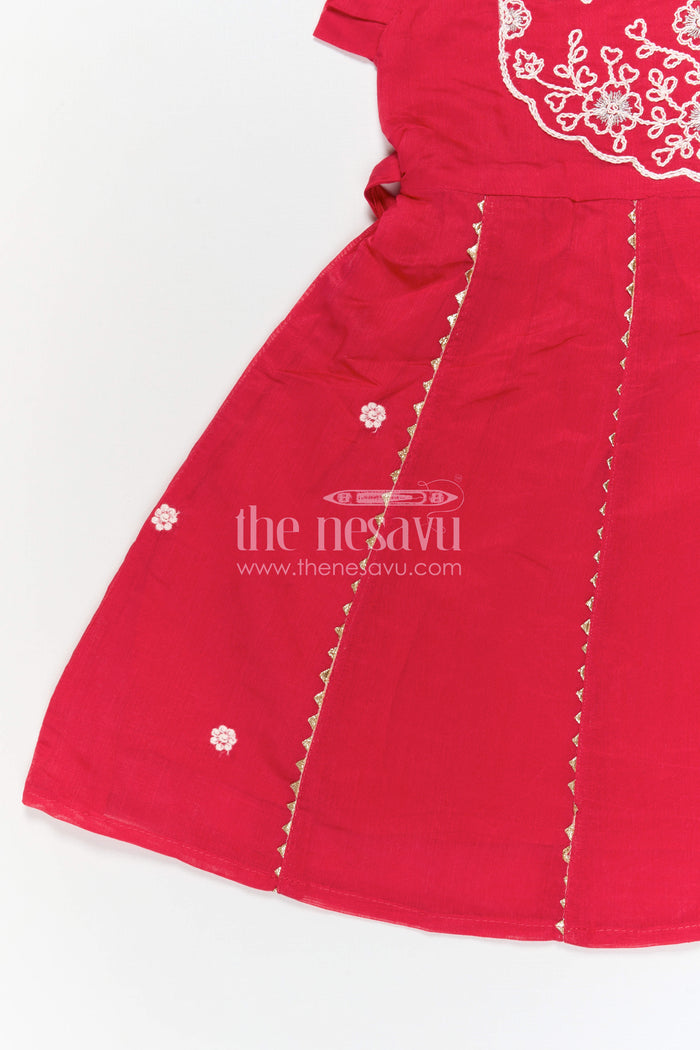 The Nesavu Girls Chanderi Frock Girls Chanderi Frock for Festive Celebrations and Wedding Occasions Nesavu Nesavu Girls Chanderi Cotton Embroidered Frock For Weddings Festive Celebrations And Events