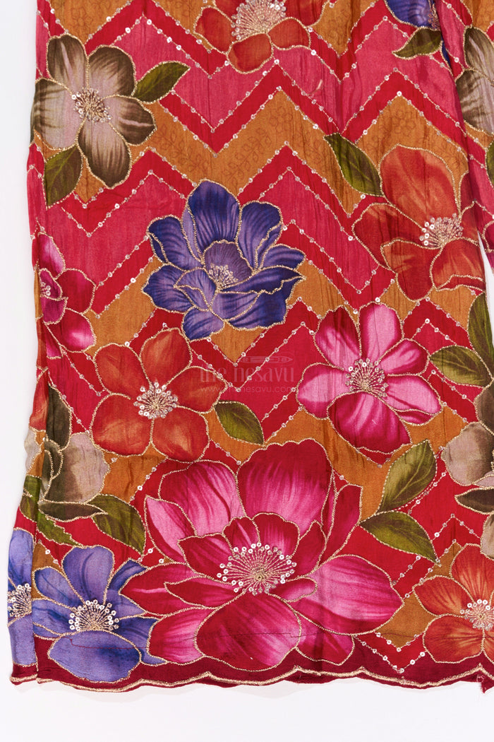 The Nesavu Girls Sharara / Plazo Set Girls Designer Sharara Sets with Floral Embroidery and Chevron Print in Pink Nesavu Nesavu Girls Designer Sharara Sets Floral Embroidery Chevron Print