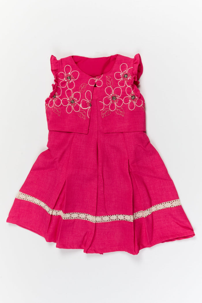 The Nesavu Girls Cotton Frock Girls Embroidered Cotton Frock with Shrug for Special Occasions Nesavu Nesavu girls cotton frock with floral shrug and thread embroidery for weddings and special functions