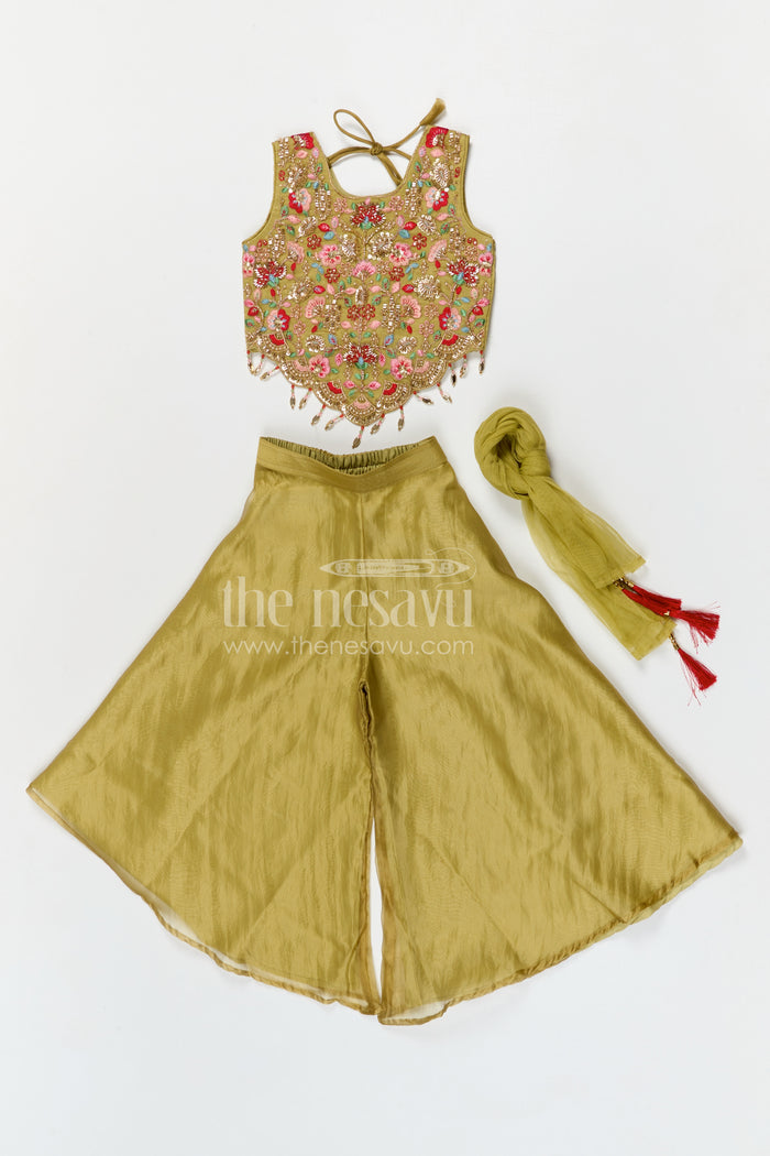 The Nesavu Girls Sharara / Plazo Set Girls Embroidered Sharara Set in Silk Blend for Festive and Wedding Wear Nesavu Nesavu girls viscose blend silk sharara set with embroidered yoke for festive wear