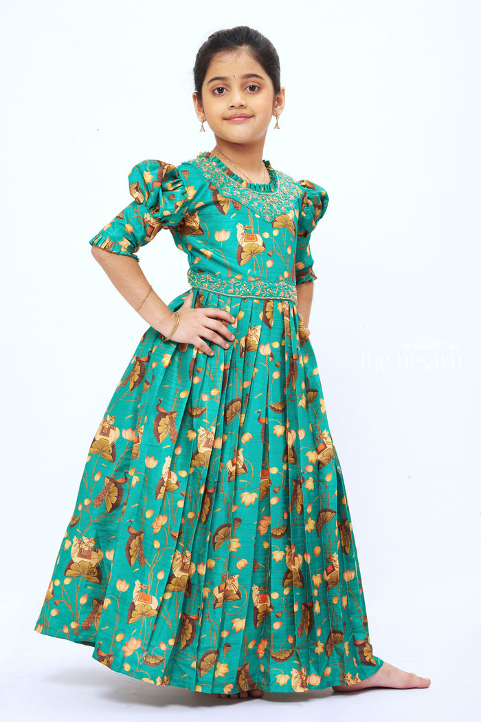 The Nesavu Girls Party Gown Girls Emerald Green Floral Printed Anarkali Gown with Traditional Motifs Nesavu Traditional Emerald Green Anarkali Gown for Girls with Floral Print | The Nesavu