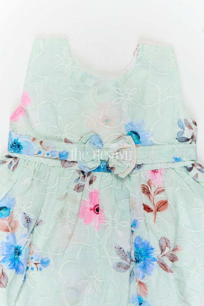 The Nesavu Baby Cotton Frocks Girls Floral Dress with Bow and Digital Printed Blooms in Soft Cotton for Toddlers and Young Kids Nesavu Nesavu Cotton Girls Floral Dress Bow Digital Printed Pastel Flowers Toddlers