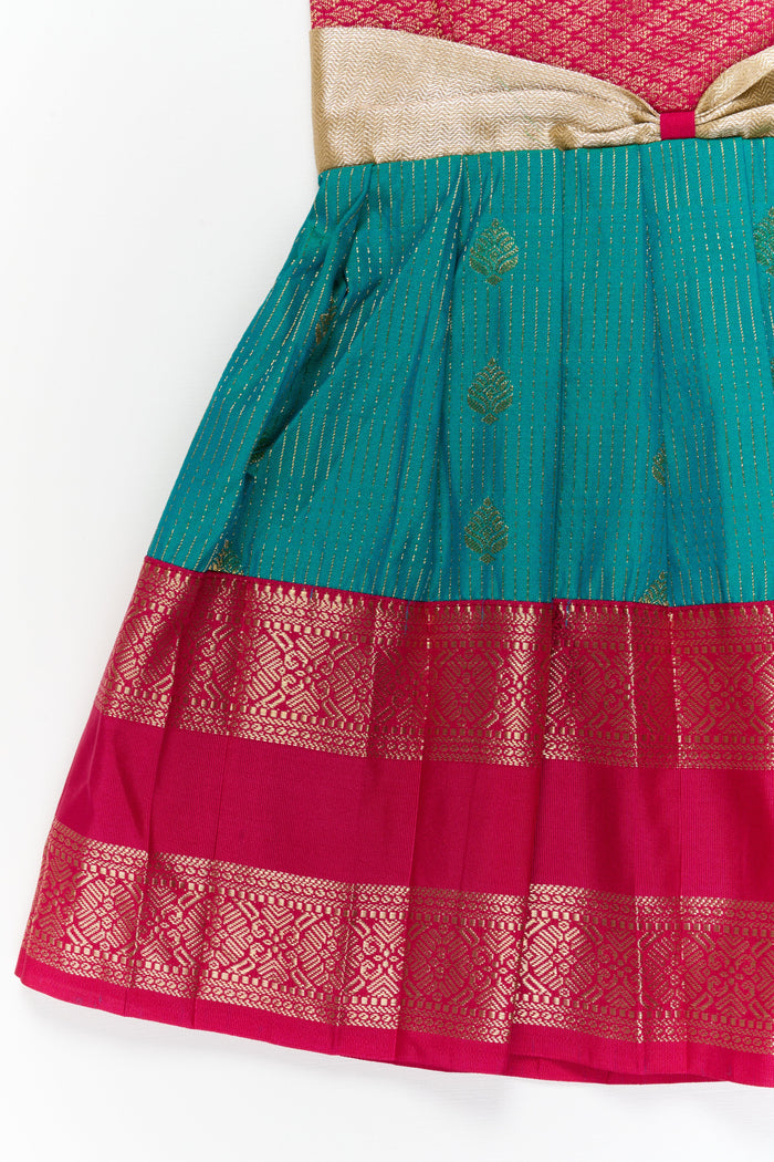 The Nesavu Girls Kanchi Silk Frock Girls Kanchi Silk Frock for Wedding Functions and Festivals Nesavu Nesavu girls kanchi silk frock for weddings in semi designer bridal kanchivaram style