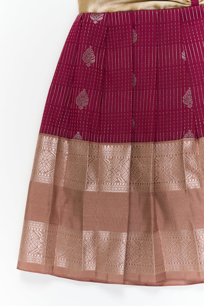 The Nesavu Girls Kanchi Silk Frock Girls Kanchi Silk Frock for Weddings and Festive Occasions Nesavu Nesavu girls kanchi silk frock for weddings in semi bridal kanchivaram silk inspired design