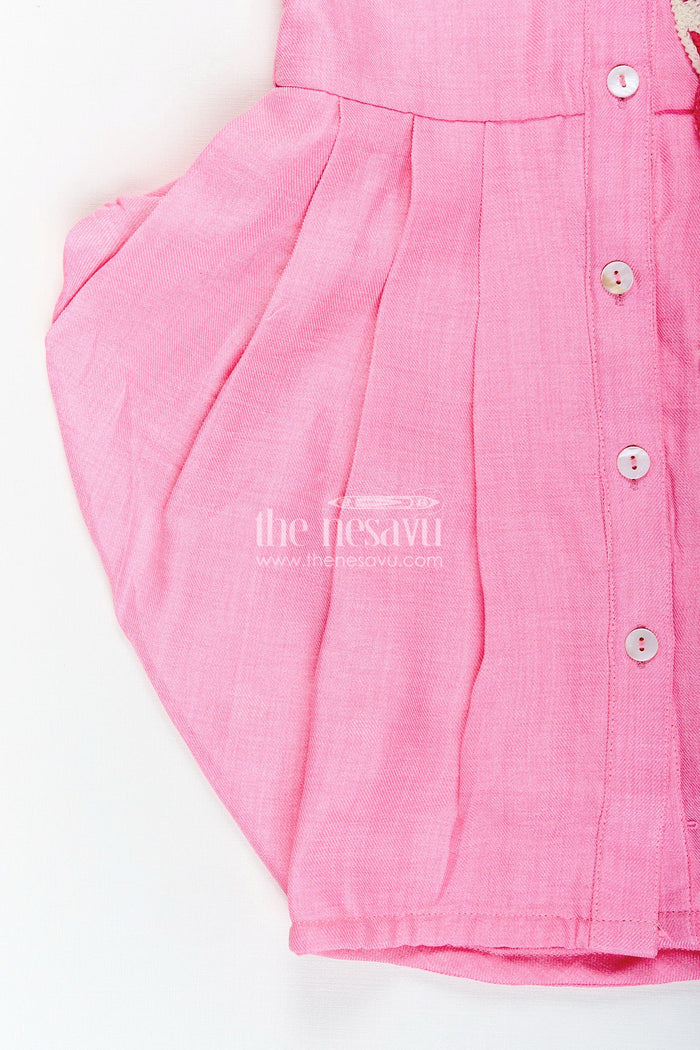 The Nesavu Girls Cotton Frock Girls pink cotton frock with crochet patch and shirt collar Nesavu Nesavu pink girls cotton frock with crochet patch and short tie sleeves for casual wear