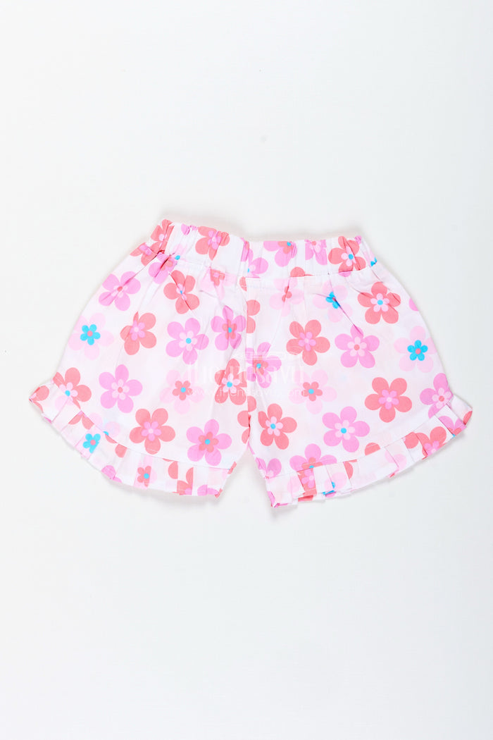 The Nesavu Girls Shorts Girls Pink Floral Cotton Shorts with Pleated Hem for Playful Summer Wear Nesavu Nesavu Girls Floral Cotton Shorts Pink Lightweight Summer Shorts Pleated Trim