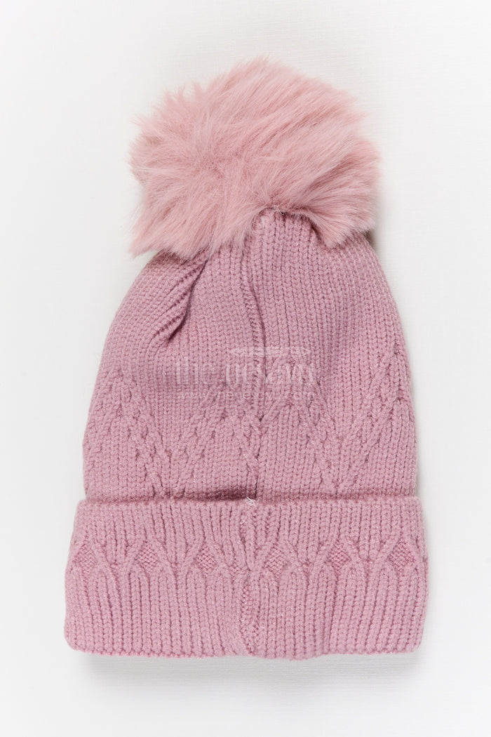 The Nesavu Baby Accessories Girls Rib Knit Beanie Cap with Fur Pom Pom Nesavu Peach / Rib Knit IA003A-8 Nesavu Girls Peach Rib Knit Beanie Cap With Fur Pom Pom | New Born To 6 Months