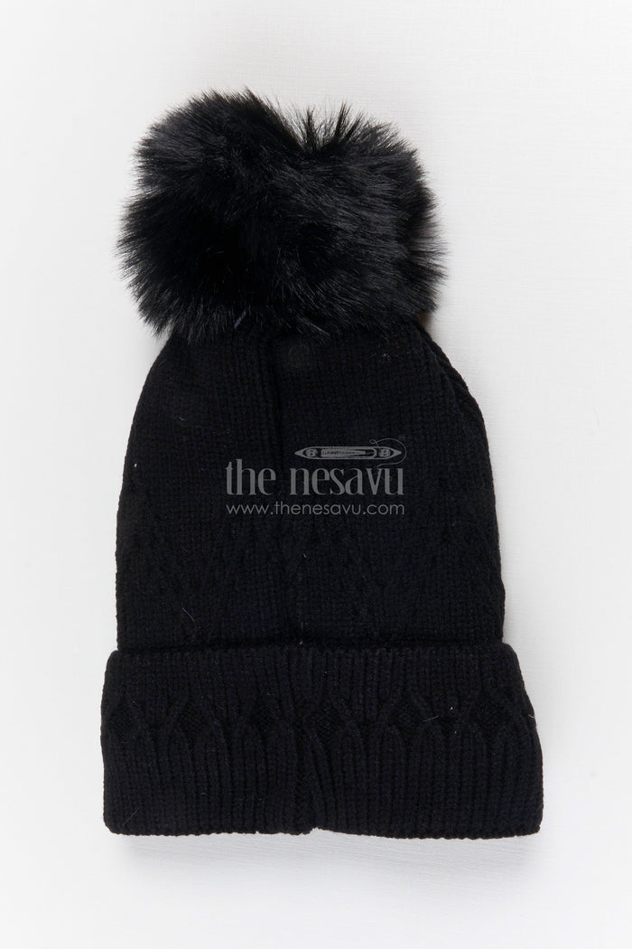 The Nesavu Baby Accessories Girls Rib Knit Beanie Cap with Pearl Detail Nesavu Black / Rib Knit IA003B-8 Nesavu Girls Black Rib Knit Beanie Cap With Pearl Embellishment | New Born To 6 months
