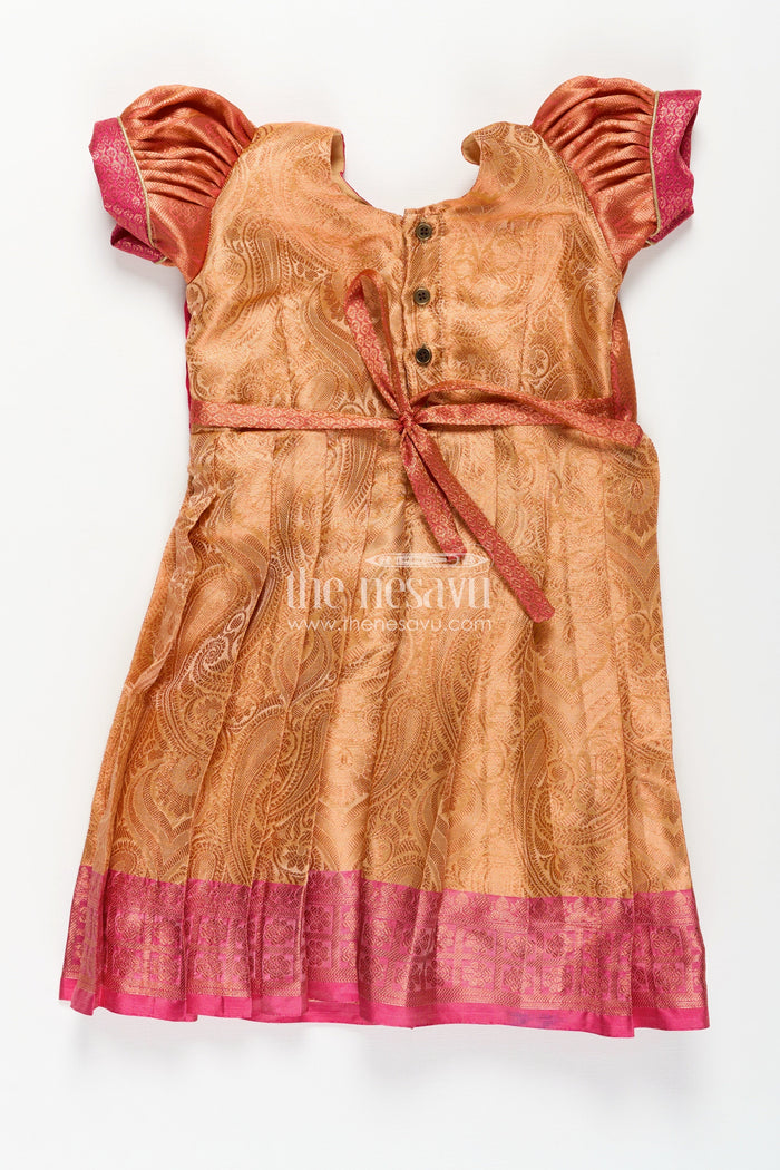 The Nesavu Silk Frock Girls Semi Silk Dress Frock Silk with Pin-Tuck Yoke and Rich Orange Gold Pleated Skirt Nesavu Nesavu Girls Semi Silk Dress Frock Silk Orange Gold Pleats Magenta Pin-Tuck Yoke