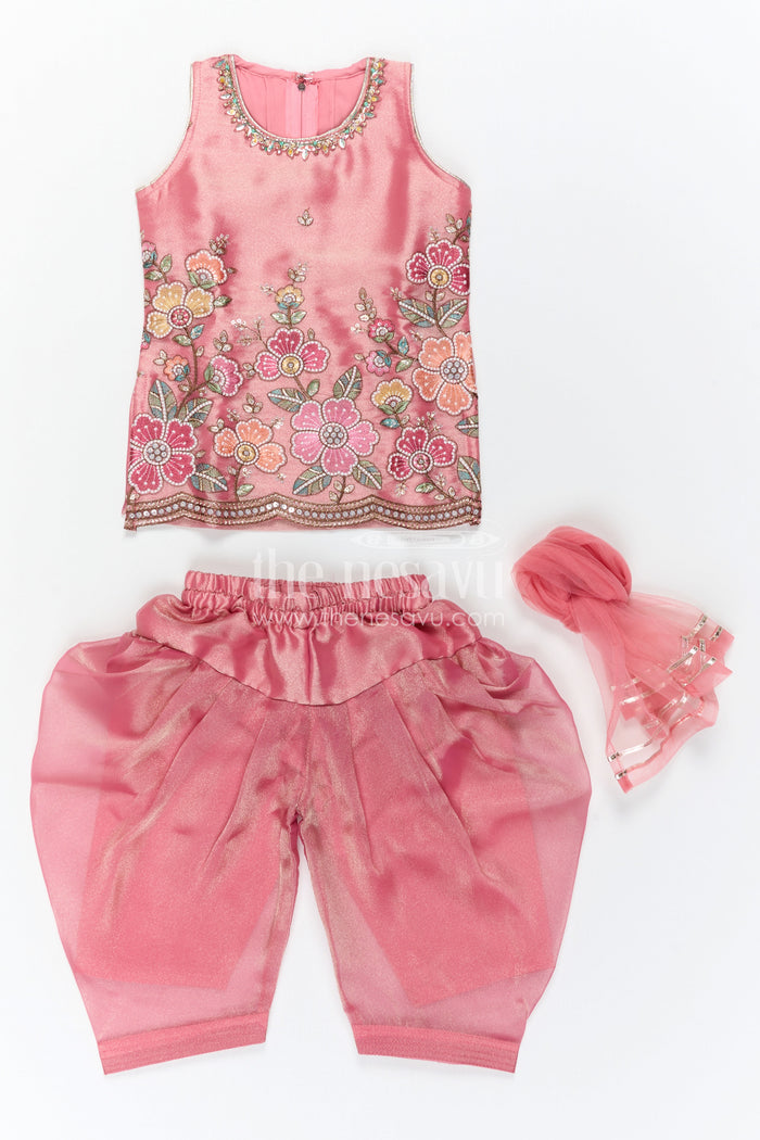 The Nesavu Girls Sharara / Plazo Set Girls Sharara Set for Festive Functions and Marriage Functions Nesavu Nesavu Girls Sharara Set For Festive Occasions With Tissue Silk And Embroidered Yoke Pink Outfit