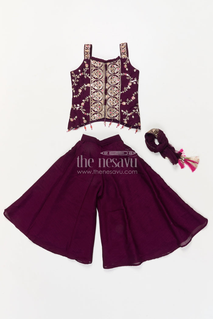 The Nesavu Girls Sharara / Plazo Set Girls Sharara Set with Embroidered Yoke for Festive Parties and Family Gatherings Nesavu Nesavu girls sharara set with embroidered yoke and dupatta for festive parties and cultural events
