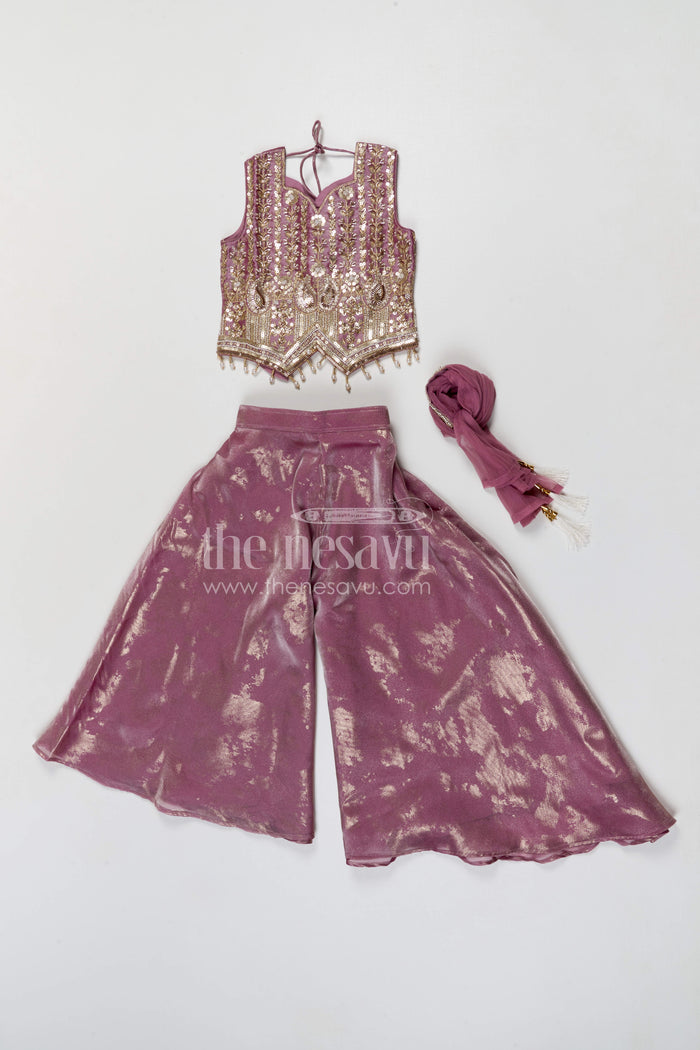 The Nesavu Girls Sharara / Plazo Set Girls Shimmer Sharara Set with Designer Embroidery for Festive Occasions Nesavu Nesavu girls tissue shimmer sharara set with designer embroidery for festive wear