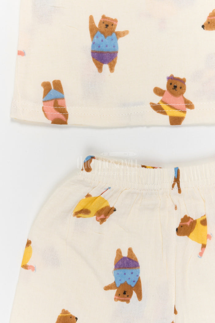 The Nesavu Night Dress Kids Cotton Night Suit with Dancing Bear Print for Bedtime Nesavu Nesavu Kids Muslin Cotton Dancing Bear Print Night Suit For Summer Sleepwear