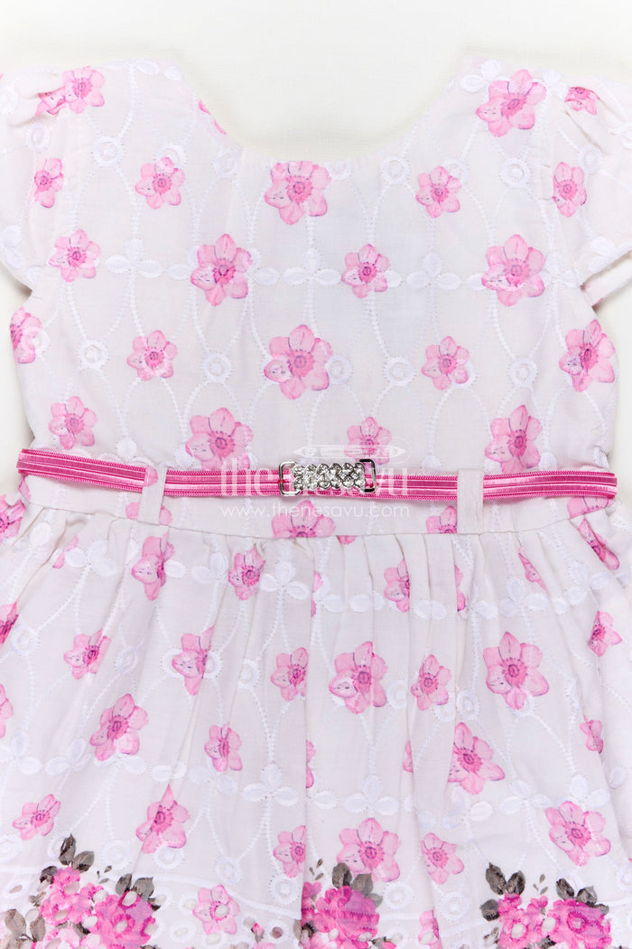 The Nesavu Baby Cotton Frocks Pink Colour Newborn Outfit in Embroidered Hakoba with Floral Motifs and Satin Waistband Nesavu Nesavu Pink Colour Newborn Cotton Outfit Floral Embroidery Satin Bow Hakoba Fabric