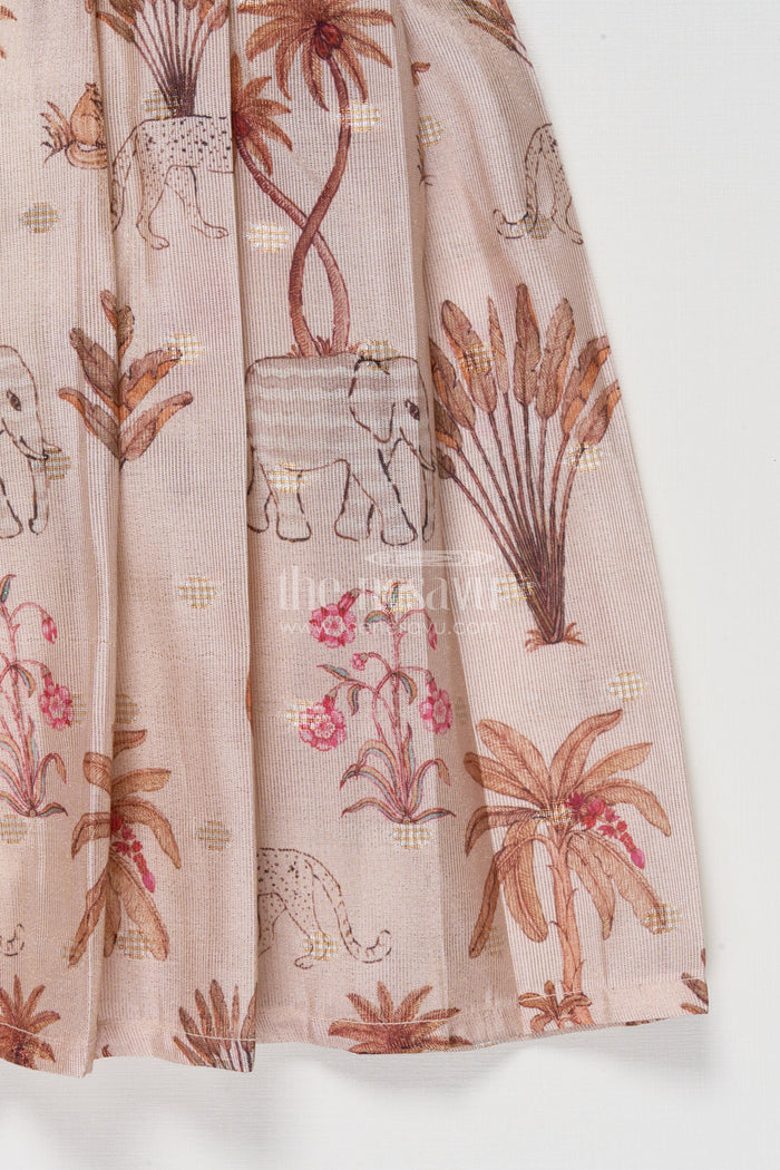 The Nesavu Silk Frock Semi Banaras Silk Frock for Baby Girl for Birthdays and Festive Photoshoots Nesavu Nesavu semi banaras silk frock for baby girl with jungle print for birthday and festive wear