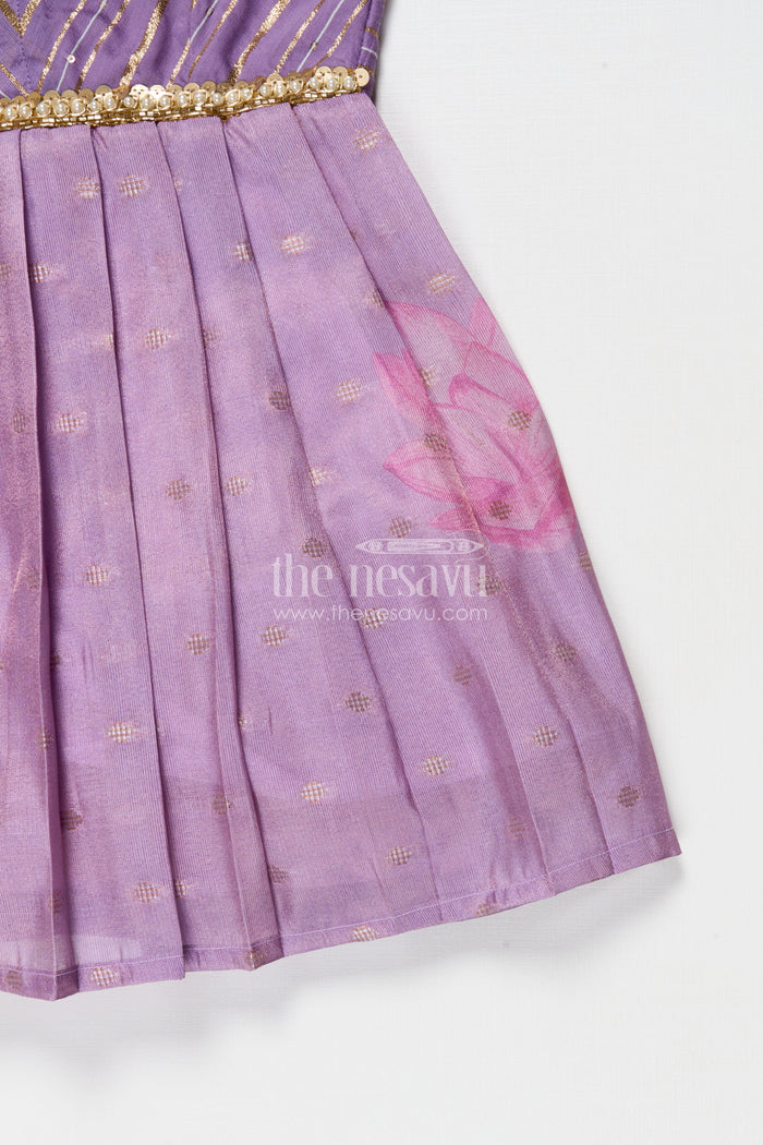 The Nesavu Silk Frock Silk Frock for Baby Girls for Cultural Events and Festive Dressing Nesavu Nesavu silk frock for baby girls with puff sleeves and lotus print – ideal for festive school events