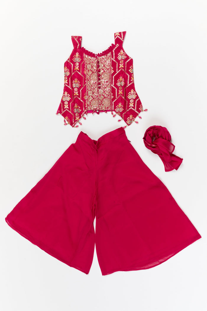The Nesavu Girls Sharara / Plazo Set Sleeveless Plazo Set for Girls with Festive Embroidery and Tassel Detailing Nesavu Nesavu sleeveless plazo set for girls with embroidered yoke and festive tassel trims – perfect for birthday and temple events