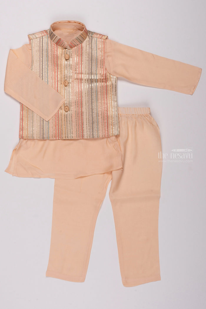 The Nesavu Boys Jacket Sets Sunlit Elegance: Salmon Kurta & Pant with Resham Embroidered Jacket Accent for Boys Nesavu 12 (3M) / Salmon / Silk Blend BES379A-12 Boys Kurta with Pant Set | Comfortable & Stylish Kids Ethnic Wear | The Nesavu