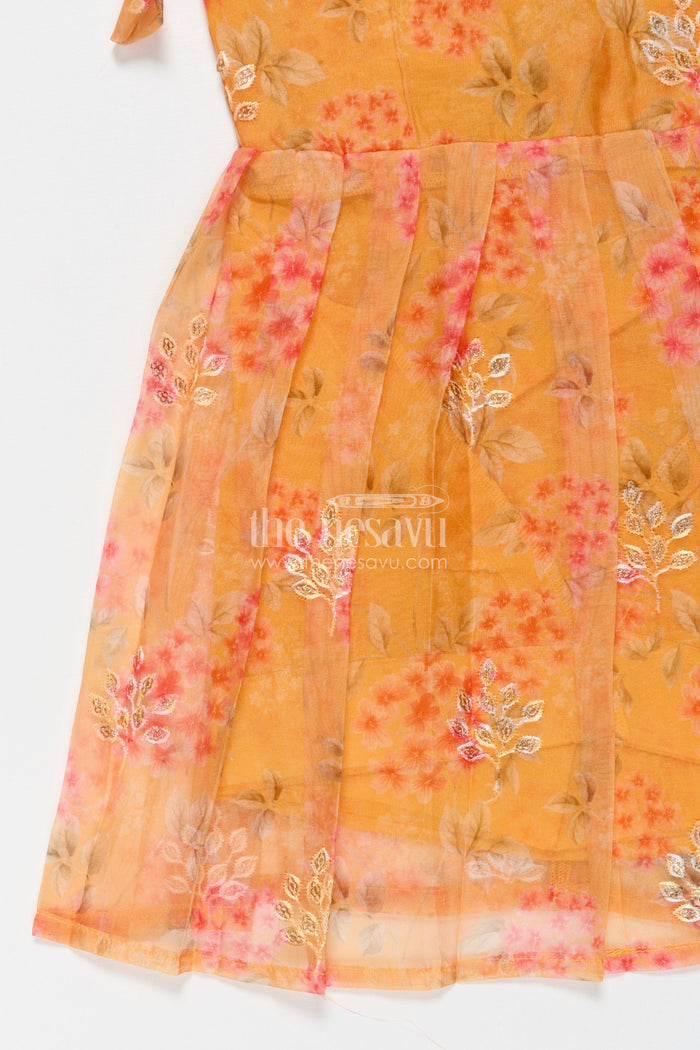 The Nesavu Tie-up Frock Tie-up Silk Frock for Baby Girls for Ethnic Day and Festive Playwear Nesavu Nesavu semi Banaras tie-up silk frock with floral digital print – great for ethnic day and casual celebrations
