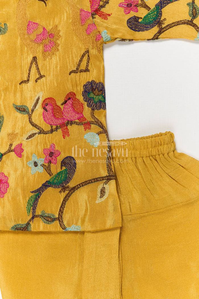 The Nesavu Boys Dothi Set Toddler Boys Thread Embroidered Dhoti Set for Weddings and Cultural Functions Nesavu Nesavu toddler boys viscose silk dhoti set with bird and floral embroidery for festive wear