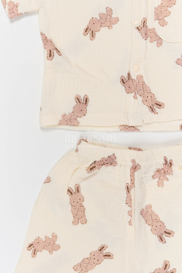 The Nesavu Night Dress Kids Cotton Night Suit with Bunny Print for Cozy Sleep Nesavu Nesavu Kids Muslin Cotton Bunny Print Night Suit For Everyday Summer Sleep