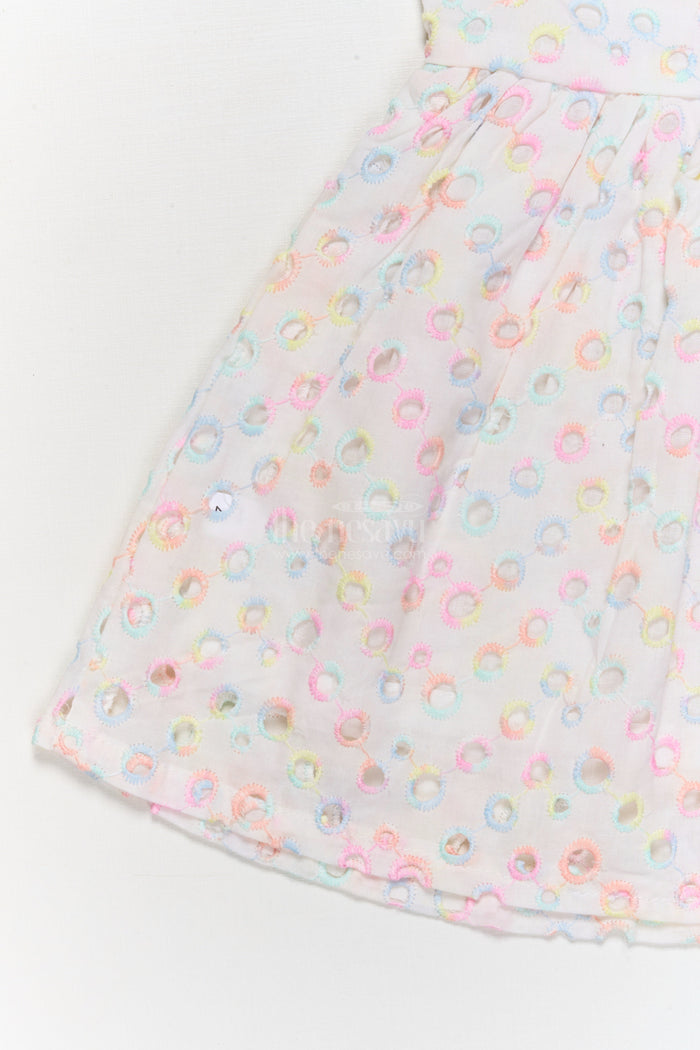 The Nesavu Baby Cotton Frocks Yellow Baby Girl Hakoba Frock with Floral Patch and Pastel Circle Embroidery Nesavu Nesavu yellow Hakoba cotton frock for baby girls with embroidery and flower patch