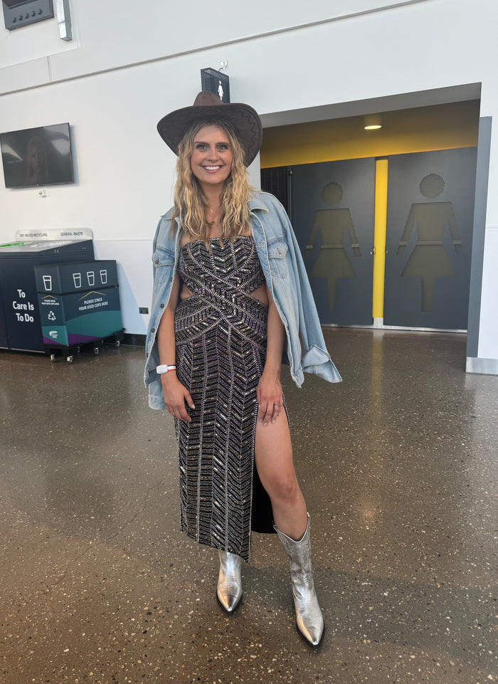 Real life pic of bryher silver cowboy boot available in larger sizes 42-46