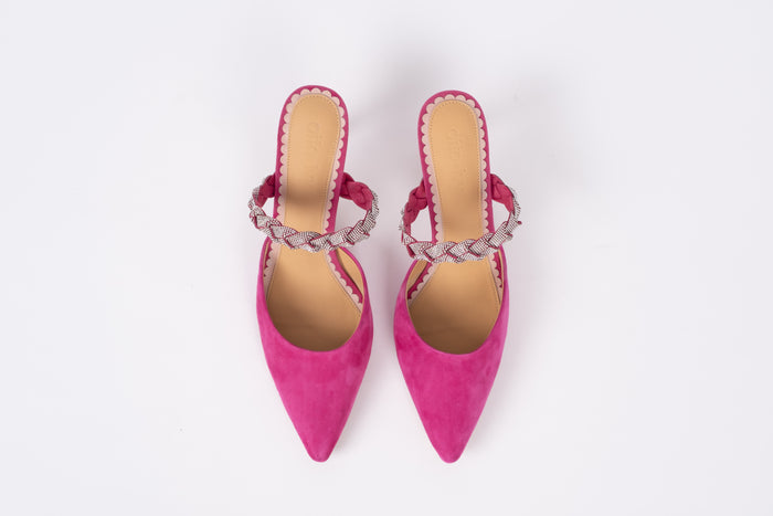Aerial view of womens large size shoe Abigail in Fuchsia pink. Pointed toe and sparkly strapped heel available in Larger European sizes 42-46
