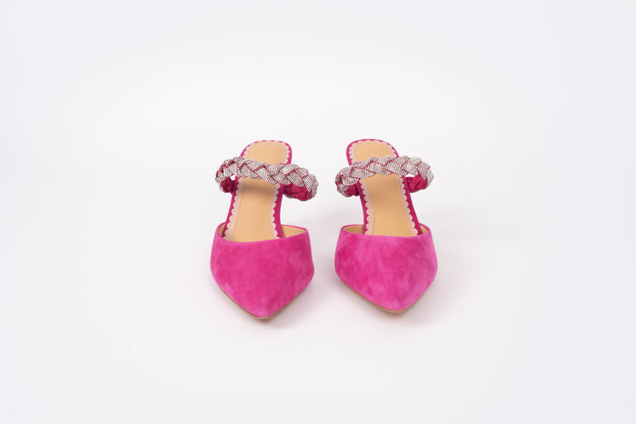 Front view of womens mule, Abigail in Fuchsia. Available in larger sizes 8-12