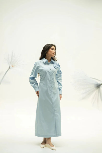 Front view of woman in blue corsage dress with long sleeves, minimal styling on white backdrop.