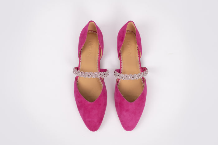 Aerial view of Amber Flat in Fuchsia pink, a womens shot with sparkly strap available in women's sizes 8-12
