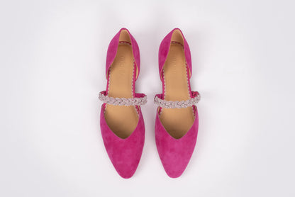 Aerial view of Amber Flat in Fuchsia pink, a womens shot with sparkly strap available in women's sizes 8-12