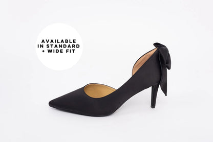 Side profile of Annie, a womens black court shoe, available in standard and wide fit. UK sizes 8-12